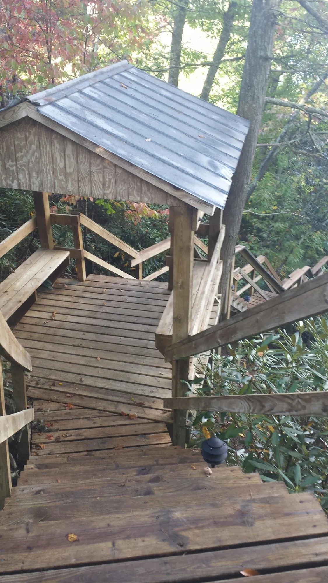 Metal roofed shelter over wooden steps on a wooded walkway — Skylight Repair & Installation work by our crew in Lamy